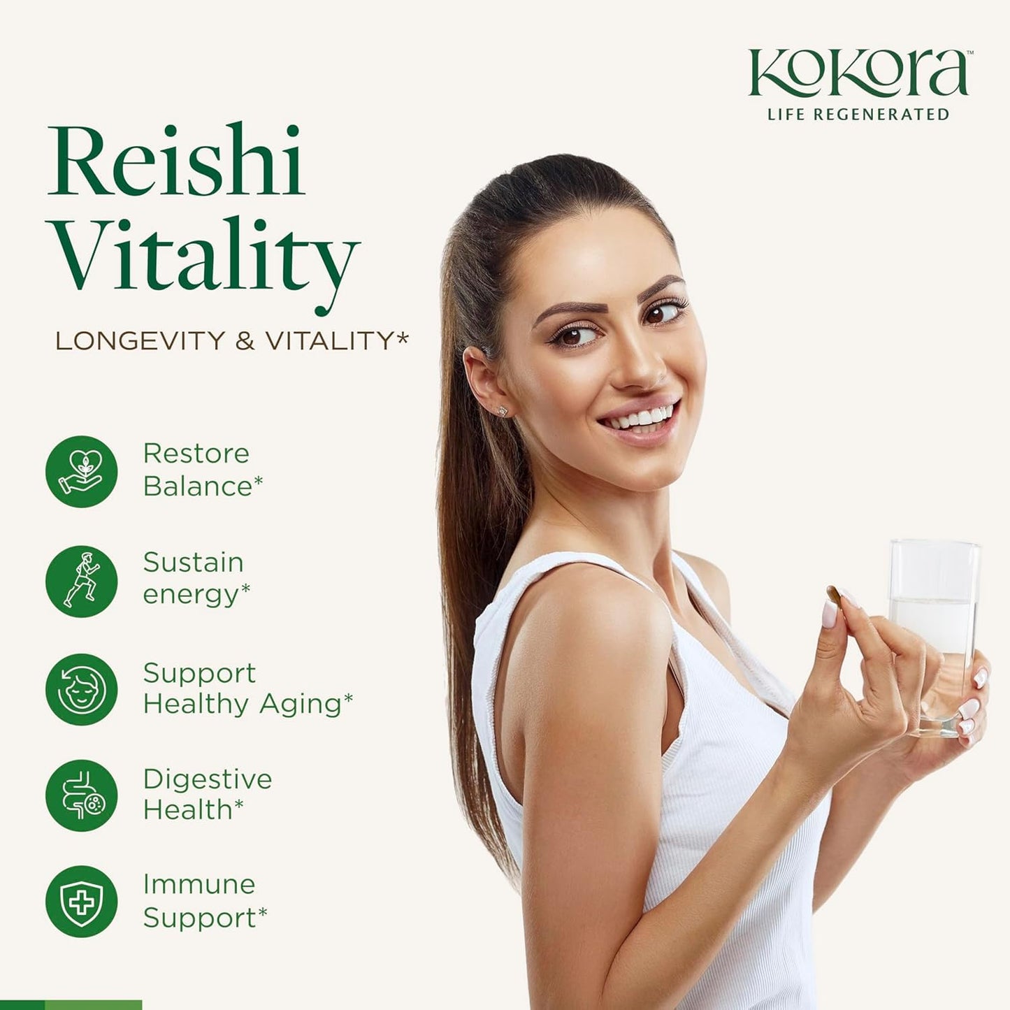 Kokora Reishi Vitality Organic Adaptogenic Mushroom Capsules with Beta Glucans & Ashwagandha, Vegan, Non-GMO, 60 Capsules