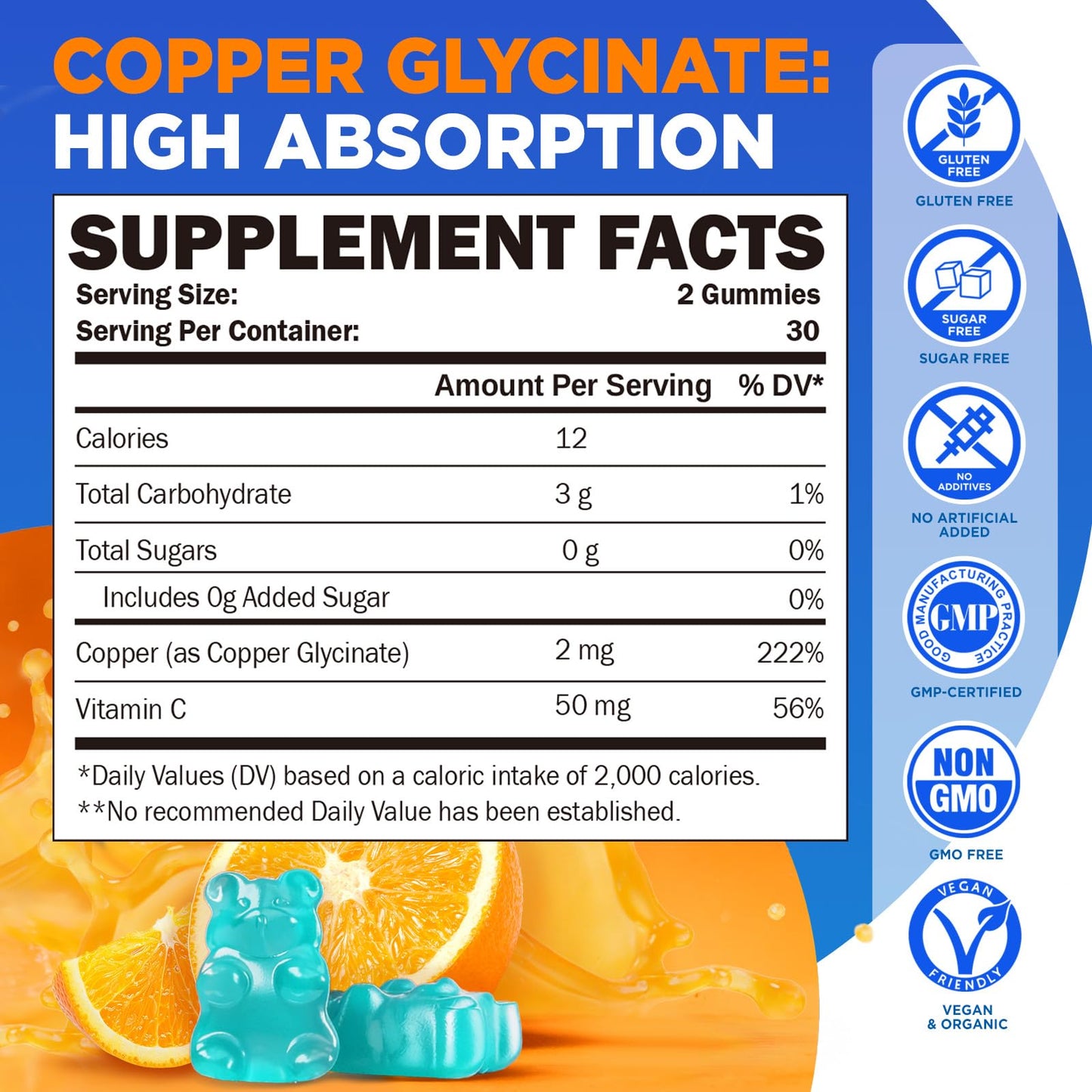 GREABBY Chelated Copper Glycinate Gummies, 2mg Copper with Vitamin C, Sugar Free, 60 Gummies