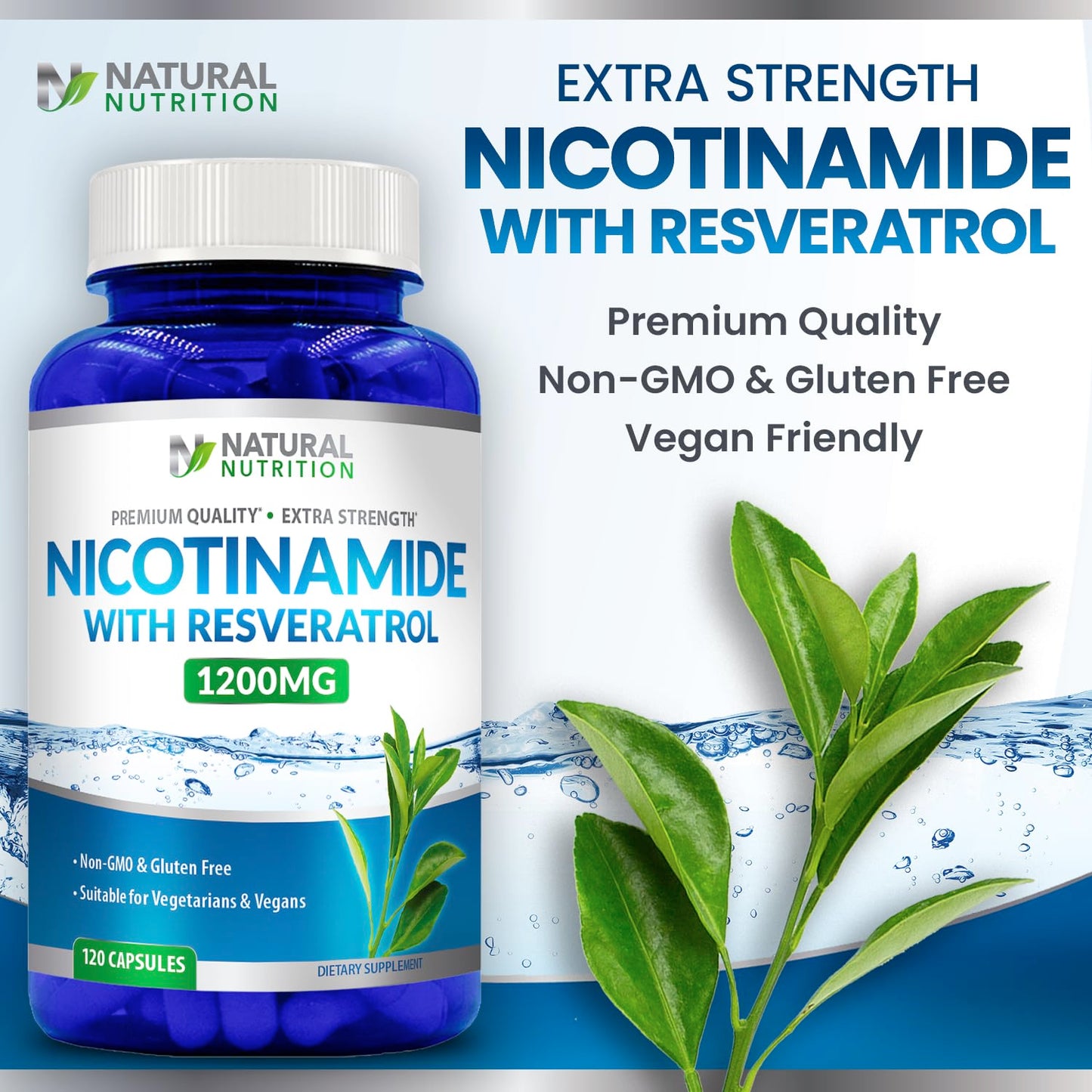 Generic Nicotinamide with Resveratrol 1200mg (Vitamin B-3) Veggie Capsules, 120 Count