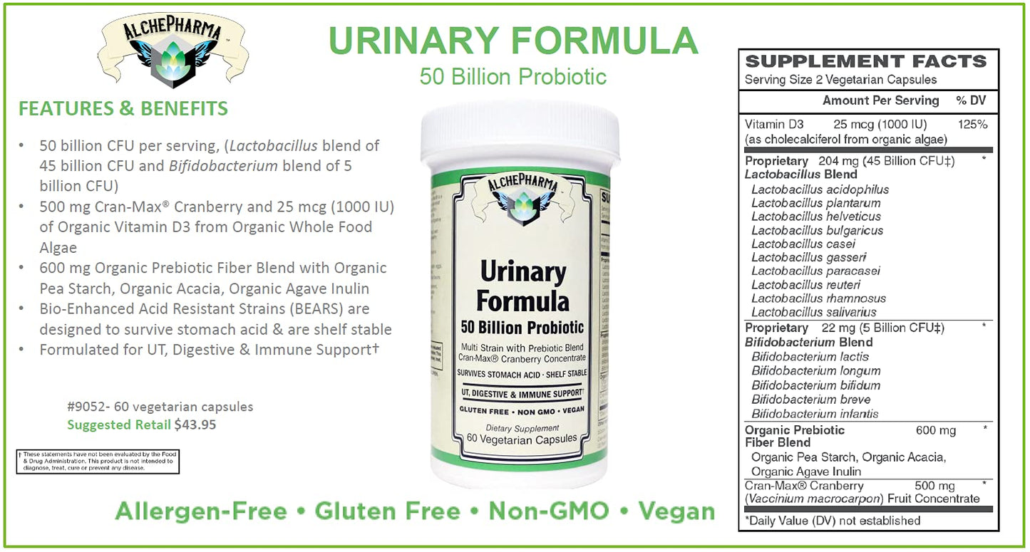 AlchePharma Urinary Formula 50 Billion Probiotic Multi-Strain with Pre-Biotic and Cran-Max Powder, 1 Count