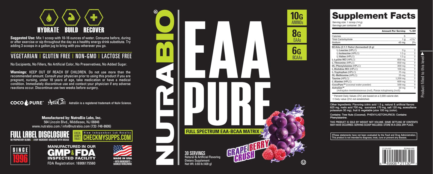 NutraBio EAA Pure 9 Amino Acids – Muscle Repair and Recovery Powder, Grape Berry Crush, 30 Servings, 15.2031 Ounce
