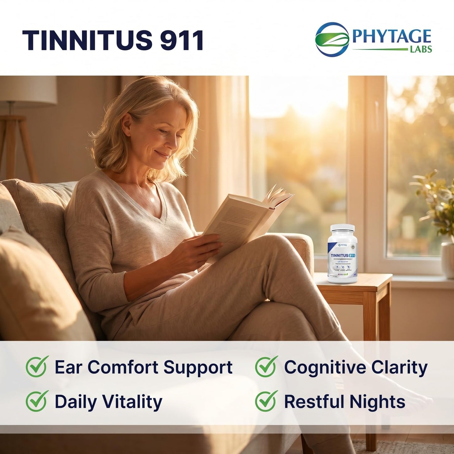 Tinnitus 911 Phytage Labs Advanced Ear Ringing Relief Supplement – Daily Auditory Support Formula with Vitamin B12, Hawthorn Berry, Olive Leaf & Green Tea Extract, 60 Capsules