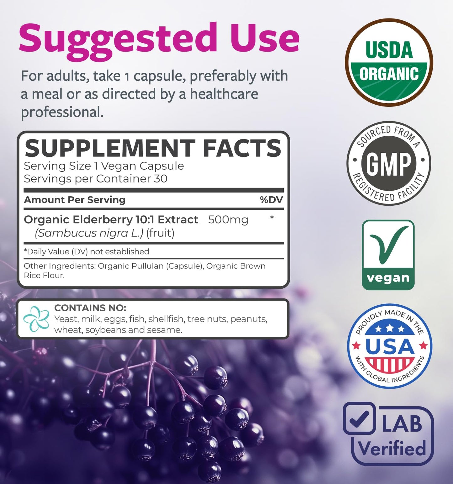 PURE CO Organic Elderberry 10:1 Extract 500mg per Capsule, 60 Capsules