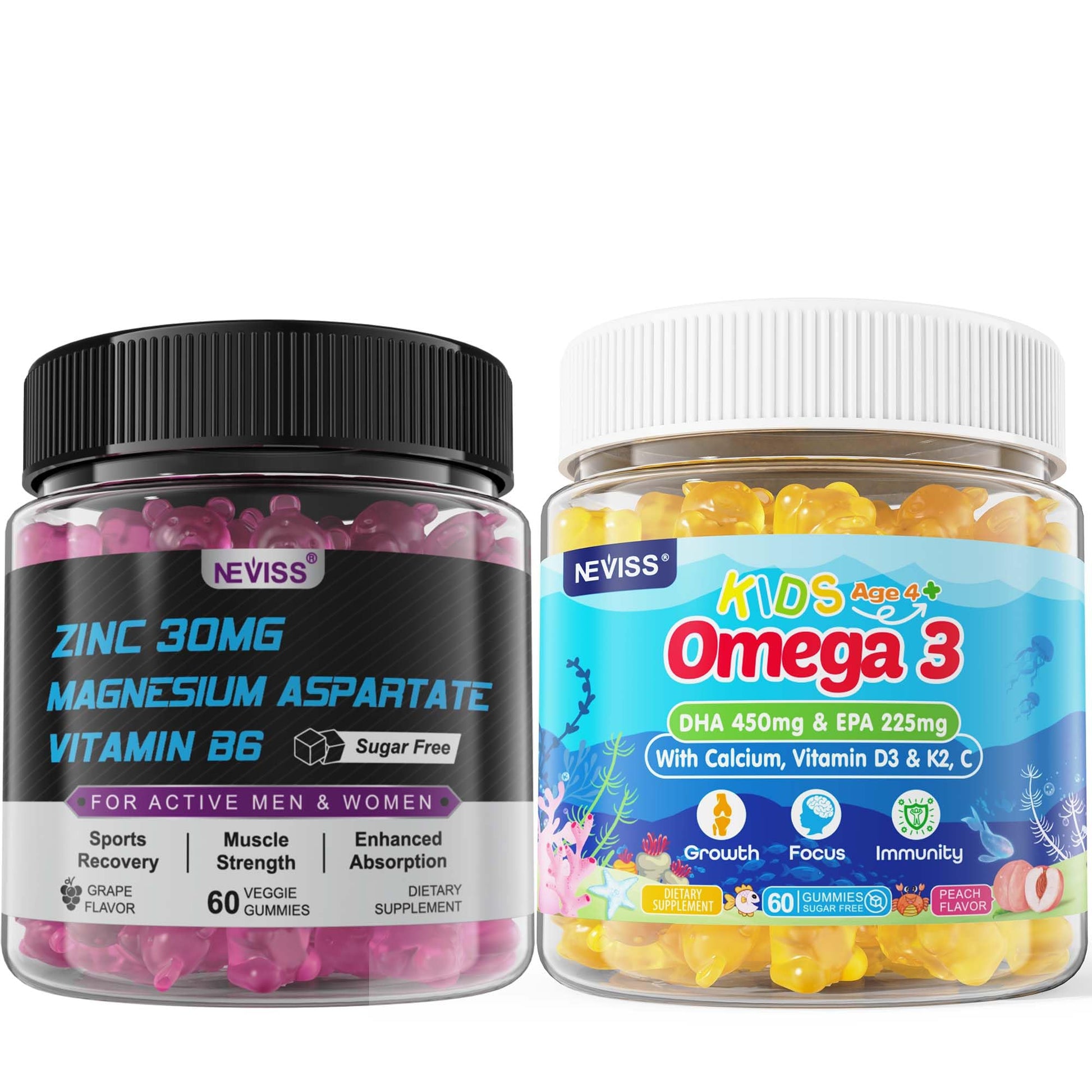 NEVISS Zinc and Magnesium Supplement with Kids Omega-3 Gummies, 240 Count