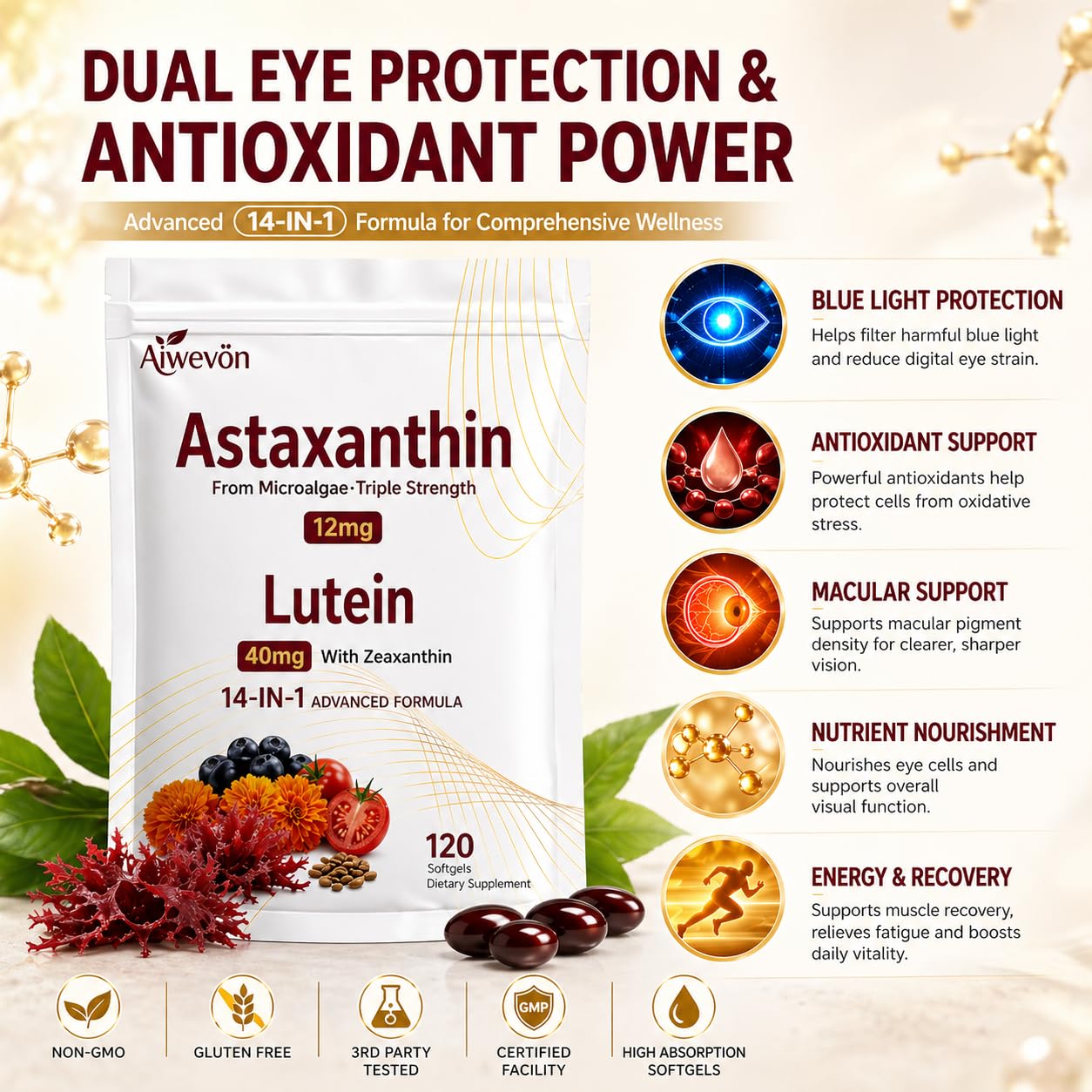 Aiwevon Astaxanthin 14-in-1 with Lutein & Zeaxanthin Softgels, 120 Softgels