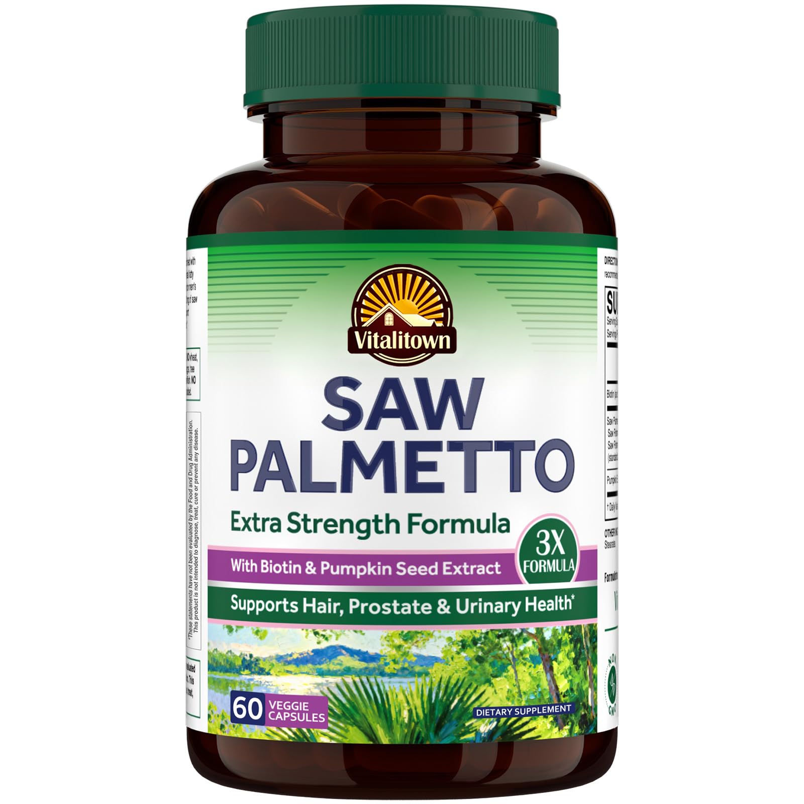 Vitalitown Saw Palmetto for Men 1500 mg with Pumpkin Seed Extract, Biotin 10000 mcg, Urinary and Prostate Support, Hair Growth, DHT Blocker, 60 Capsules
