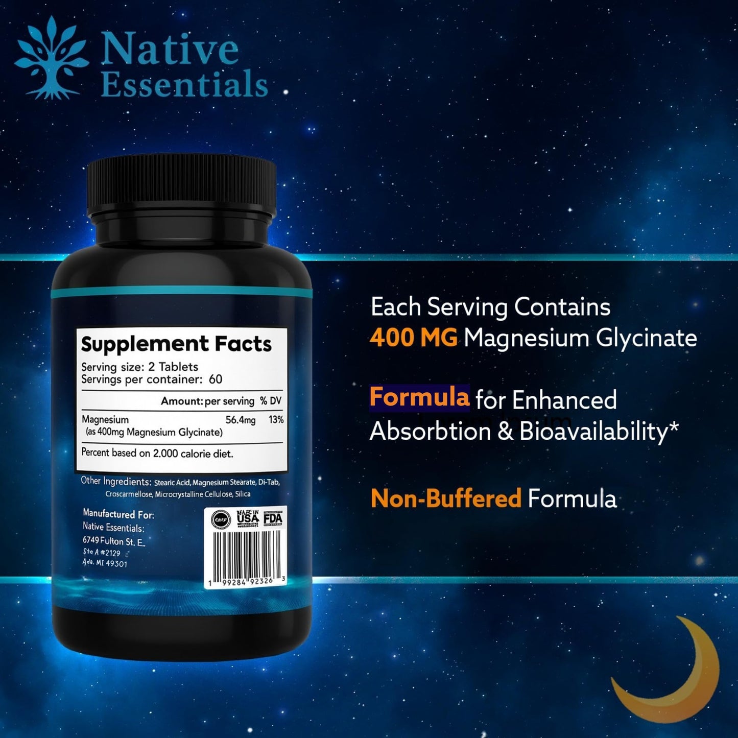 Native Essentials Magnesium Glycinate 400mg Capsule, 120 Count