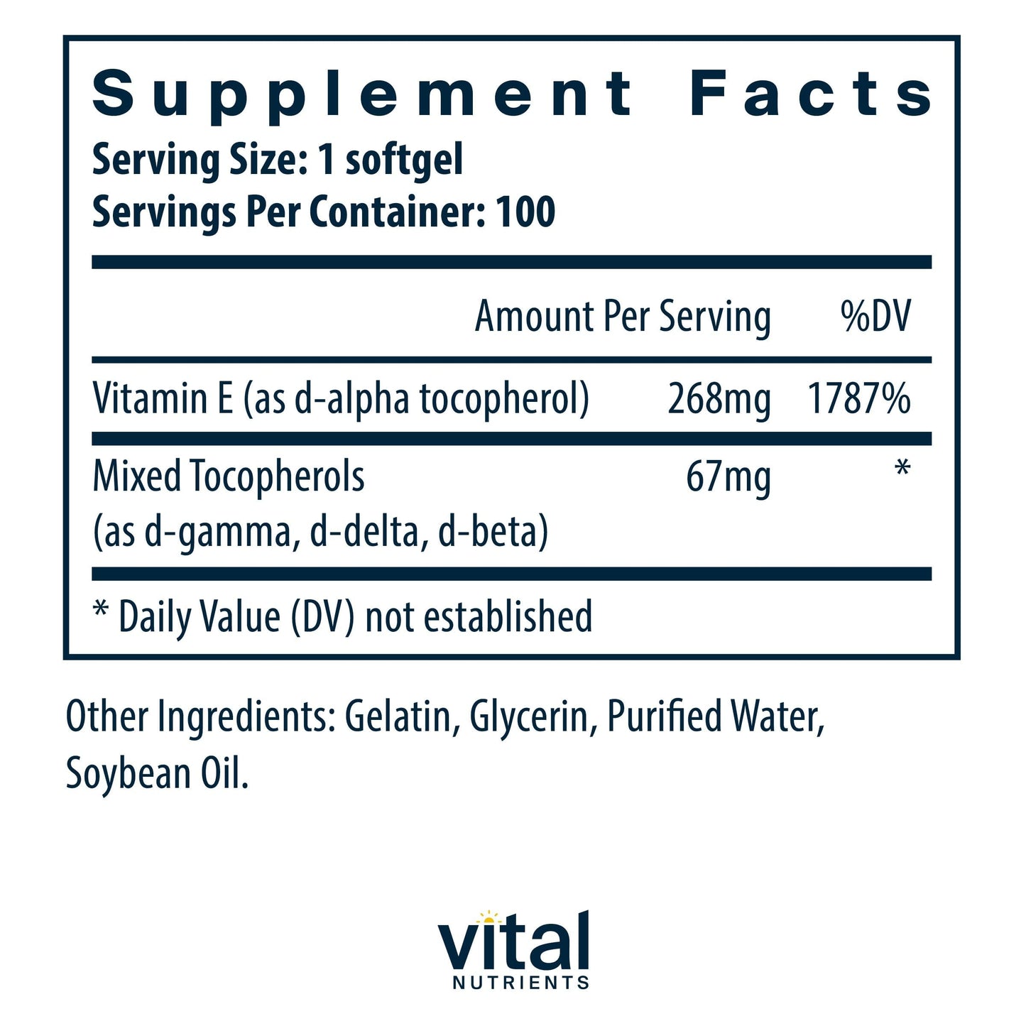 Vital Nutrients Vitamin E with Mixed Tocopherols Softgels 100