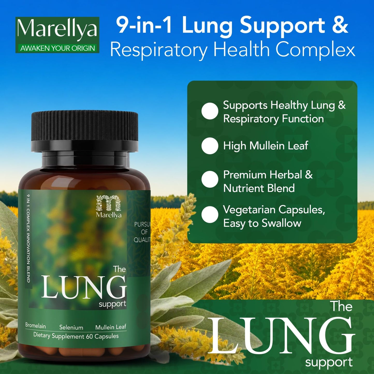 Marellya Lung Cleanse & Detox Supplement – 9-in-1 30:1 Mullein Leaf Capsules for Lungs with Quercetin & Bromelain – Supports Respiratory Wellness & Lung Health, 60 Vegetarian Capsules