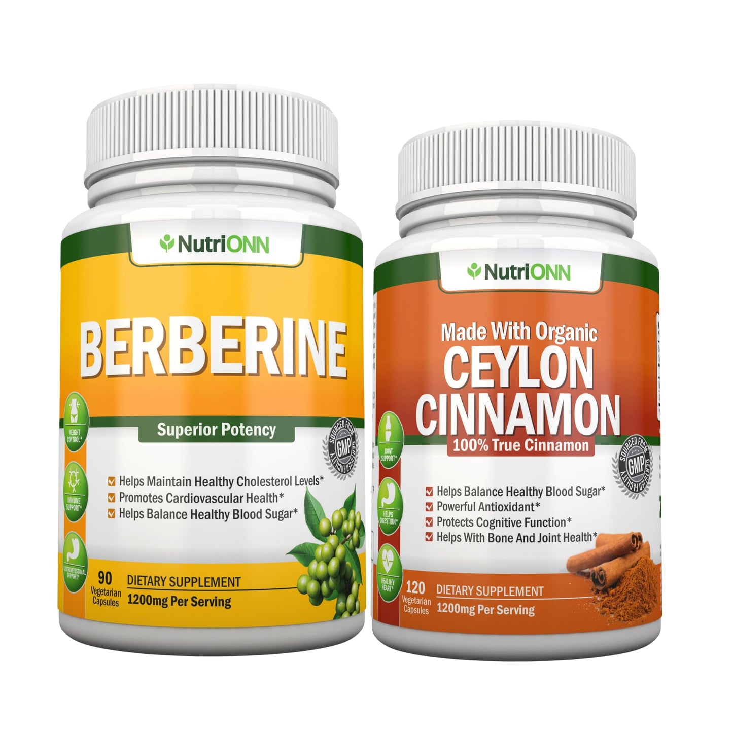 NutriONN Berberine Capsules & Organic Ceylon Cinnamon Combo, 210 Capsules