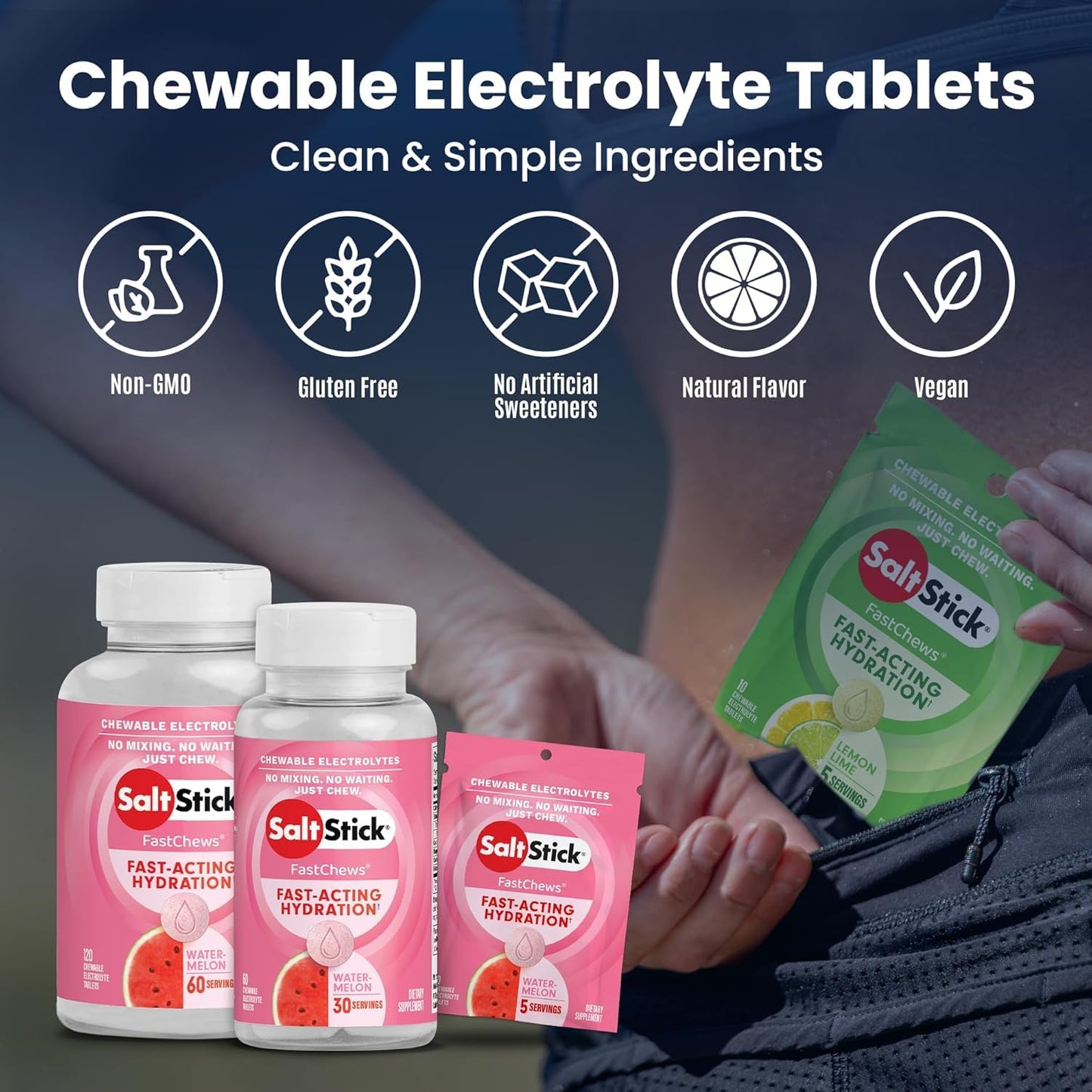 SaltStick Electrolyte FastChews Chewable Electrolyte Tablets Watermelon, 120 Tablets