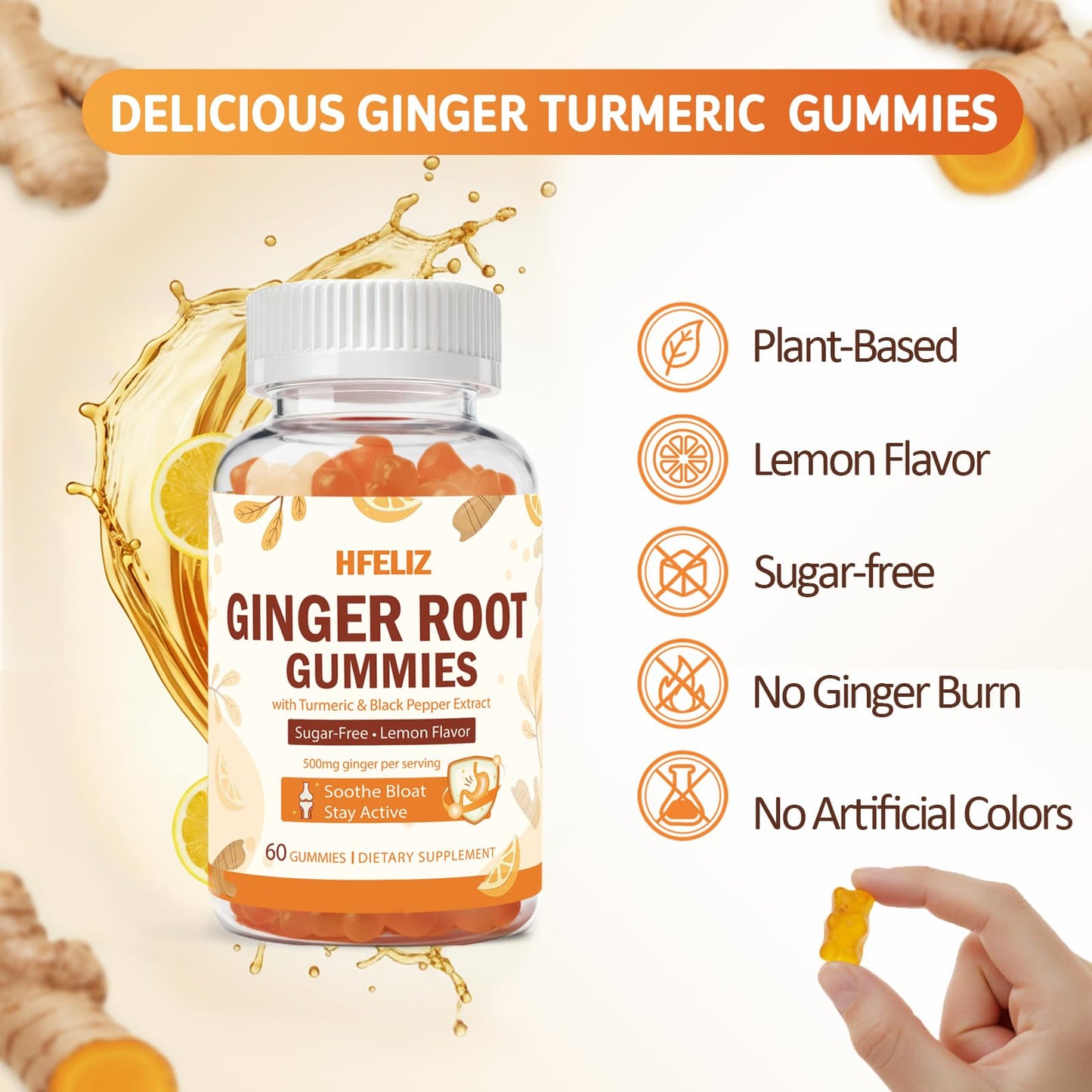 HFELIZ Ginger Gummies 500mg - Turmeric and Ginger Supplement for Digestion, Bloating & Mobility Support, Sugar-Free Lemon Flavor with Black Pepper Extract for Enhanced Absorption, 60 Count