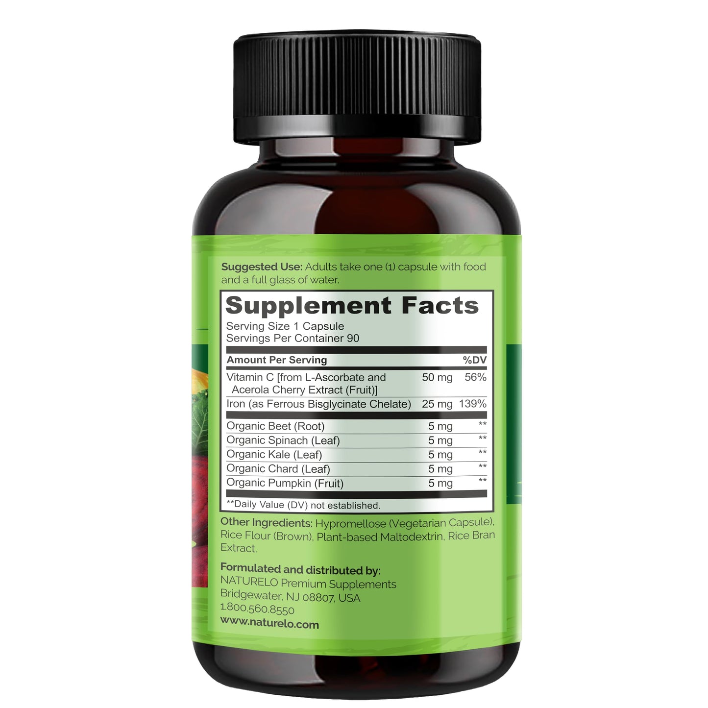 NATURELO Vegan Iron Supplement with Vitamin C and Organic Whole Foods 90 Capsules