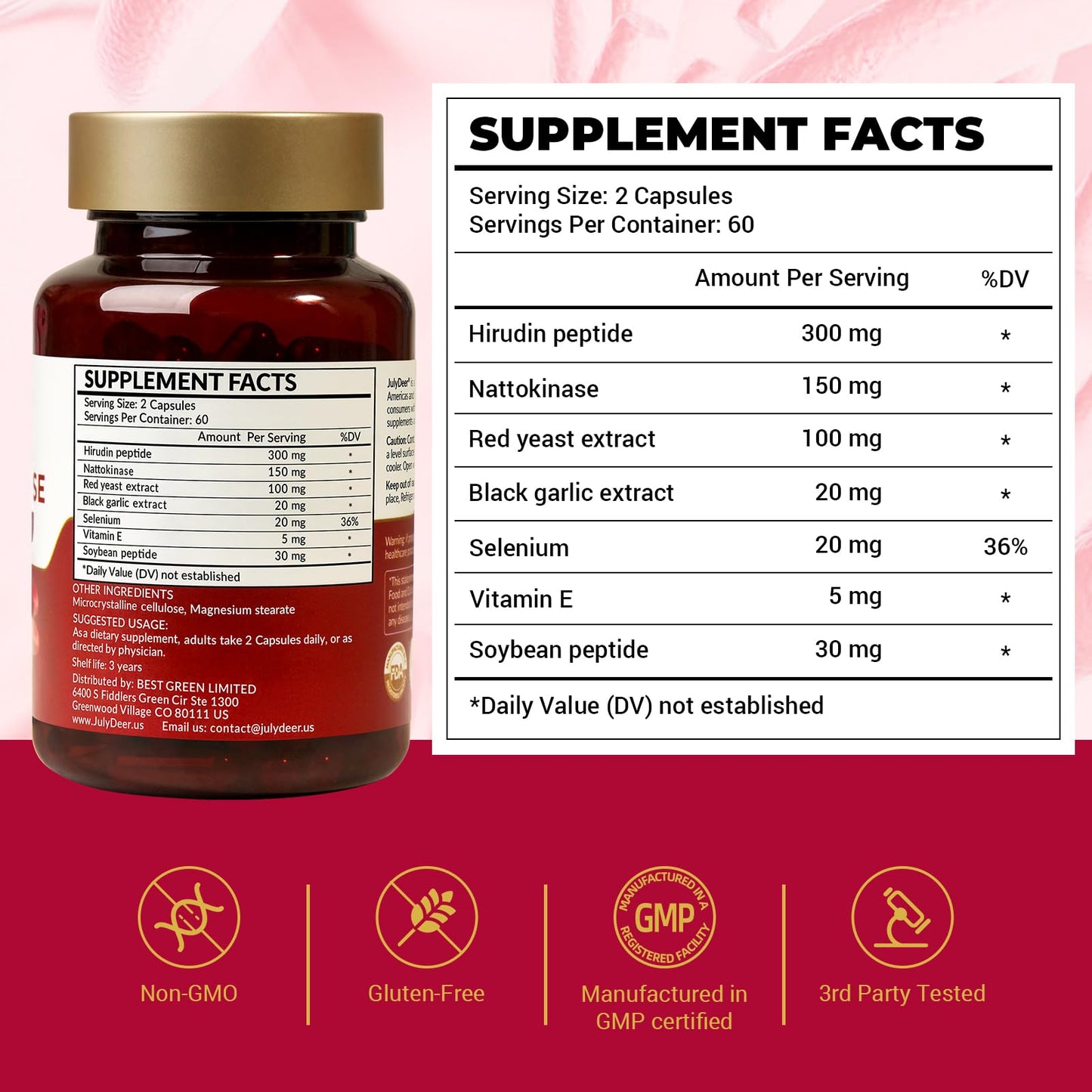 Risabou Hirudin Peptides 300mg 7-in-1 with Nattokinase 150mg Capsules, 120 Count