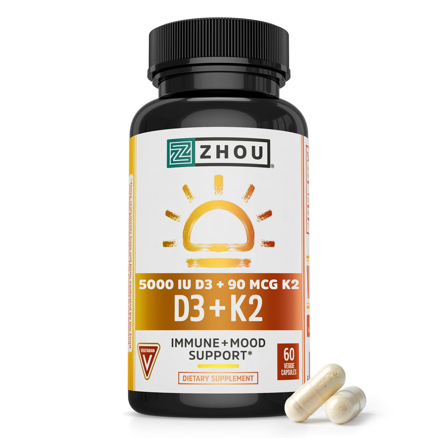 ZHOU D3+K2 Vitamin D3 and K2 Capsule, 60 Veggie Capsules