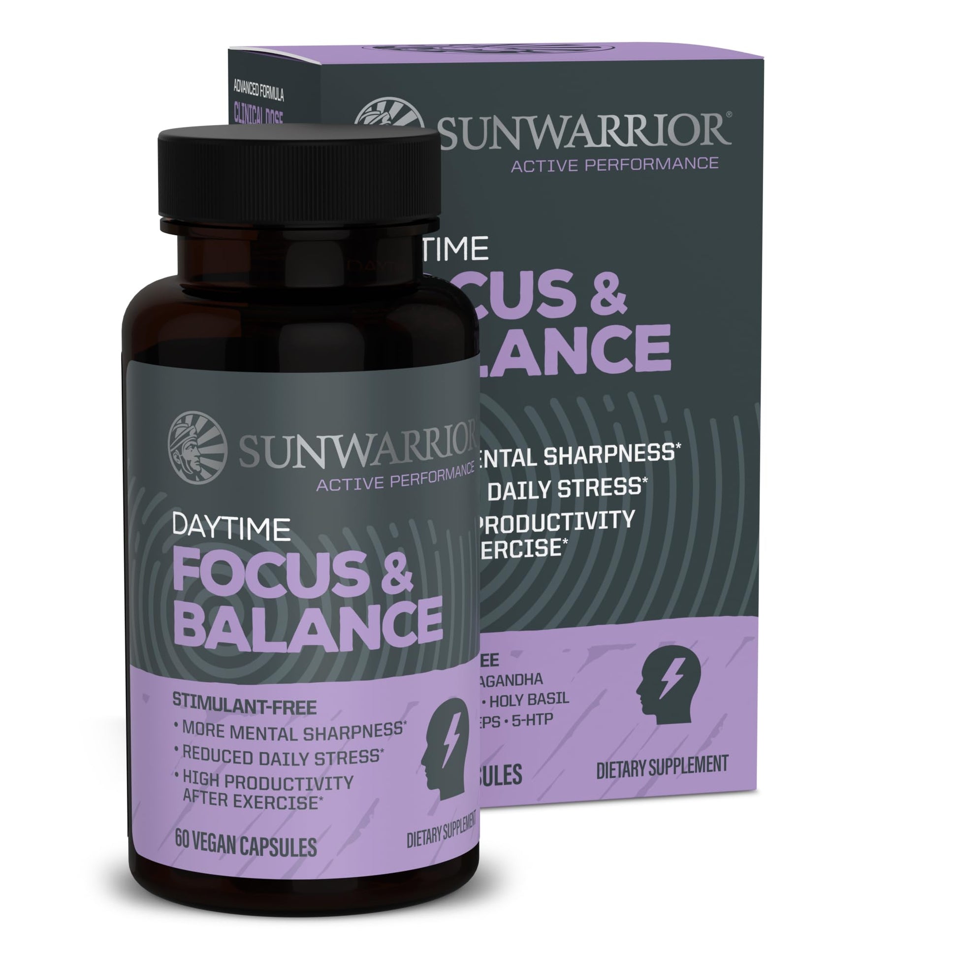 Sunwarrior Ashwagandha, Rhodiola, Reishi & 5-HTP for Stress-Free Focus Active Focus & Balance Capsules, Caffeine-Free Nootropic for Calm Energy & Mental Clarity, Mood & Immune Support, 60 Capsules