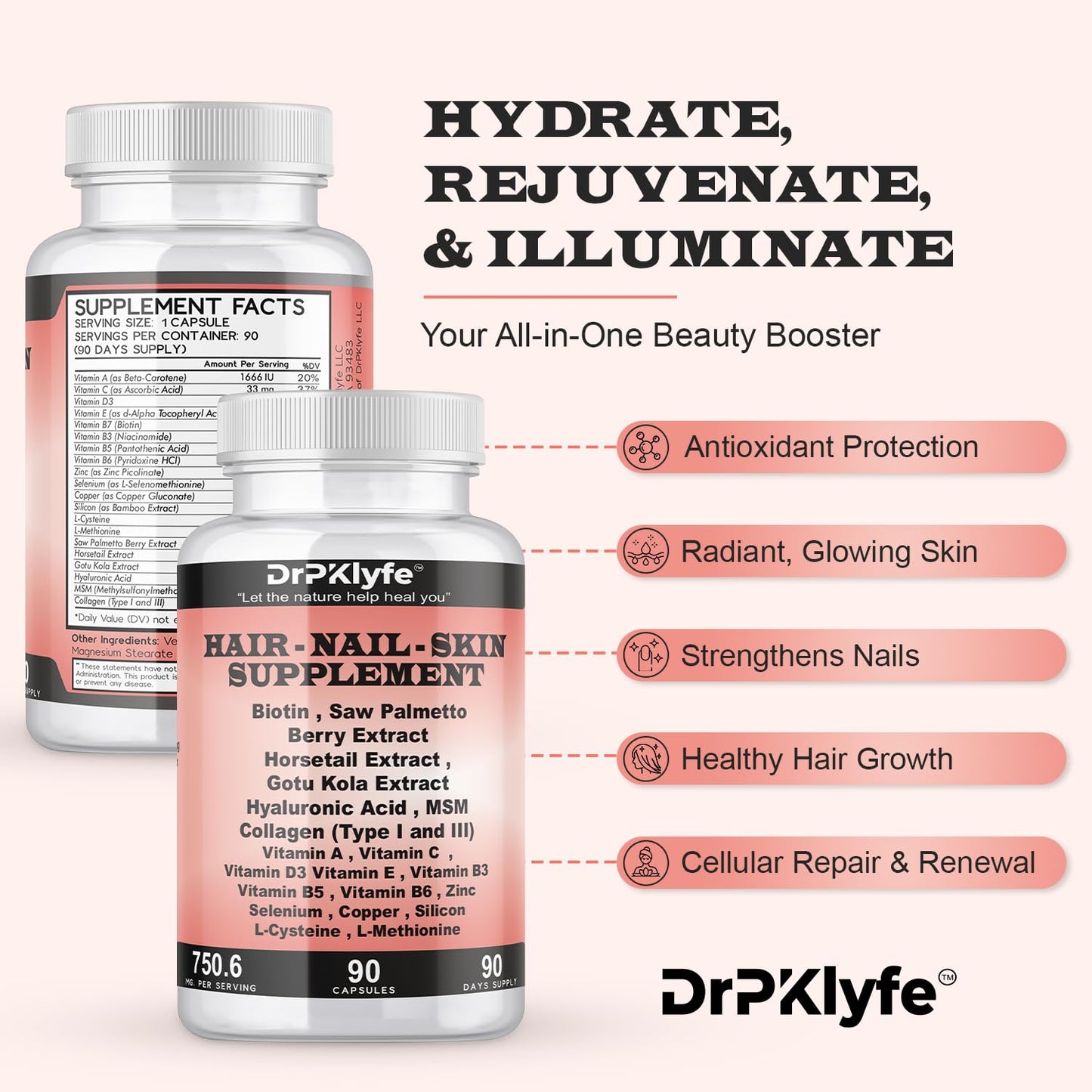 DrPKLyfe Hair, Nail and Skin Supplement Capsules, 90 Capsules