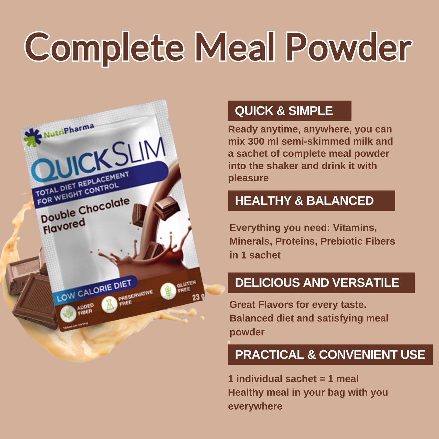 NUTRIPHARMA Quick Slim Meal Replacement Shake Powder for Weight Loss, 30 Sachets