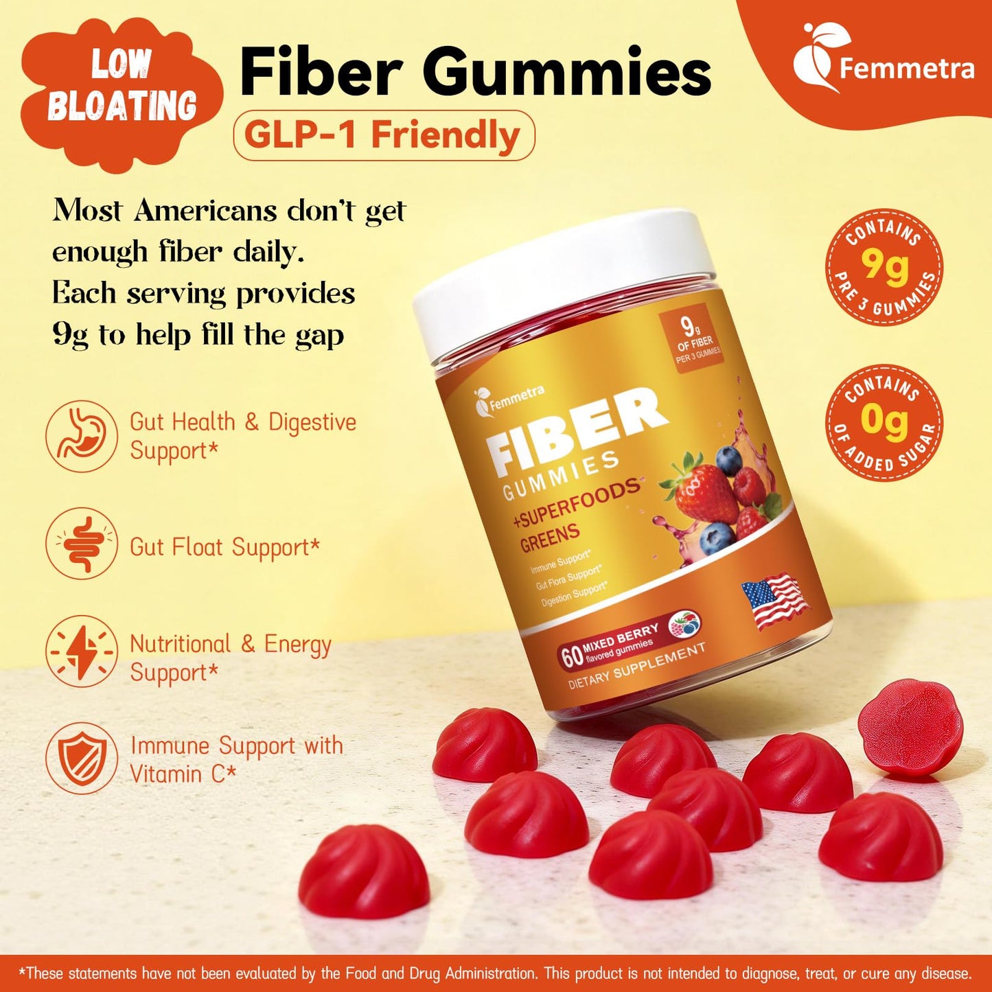 Femmetra 10-in-1 Prebiotic Fiber Gummies for Digestive Health & Regularity, 60 Count
