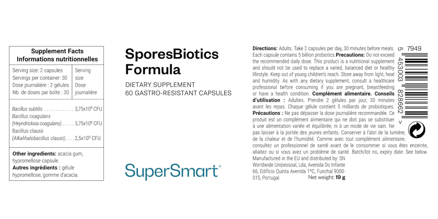 Supersmart SporesBiotics Formula (Advanced Complex) - 3-in-1 Spore-Based Probiotics with Bacillus Clausii, Subtilis, Coagulans, 60 Capsules