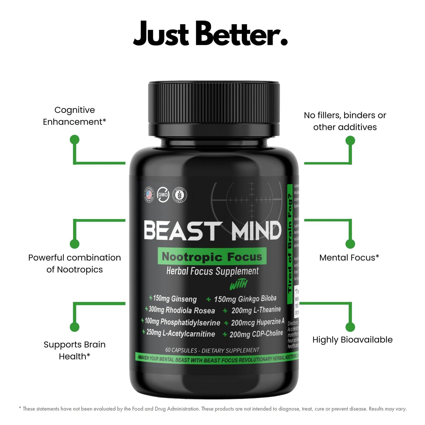 Beast Mind Focus Clarity Nootropic Blend Capsule, 60 Count