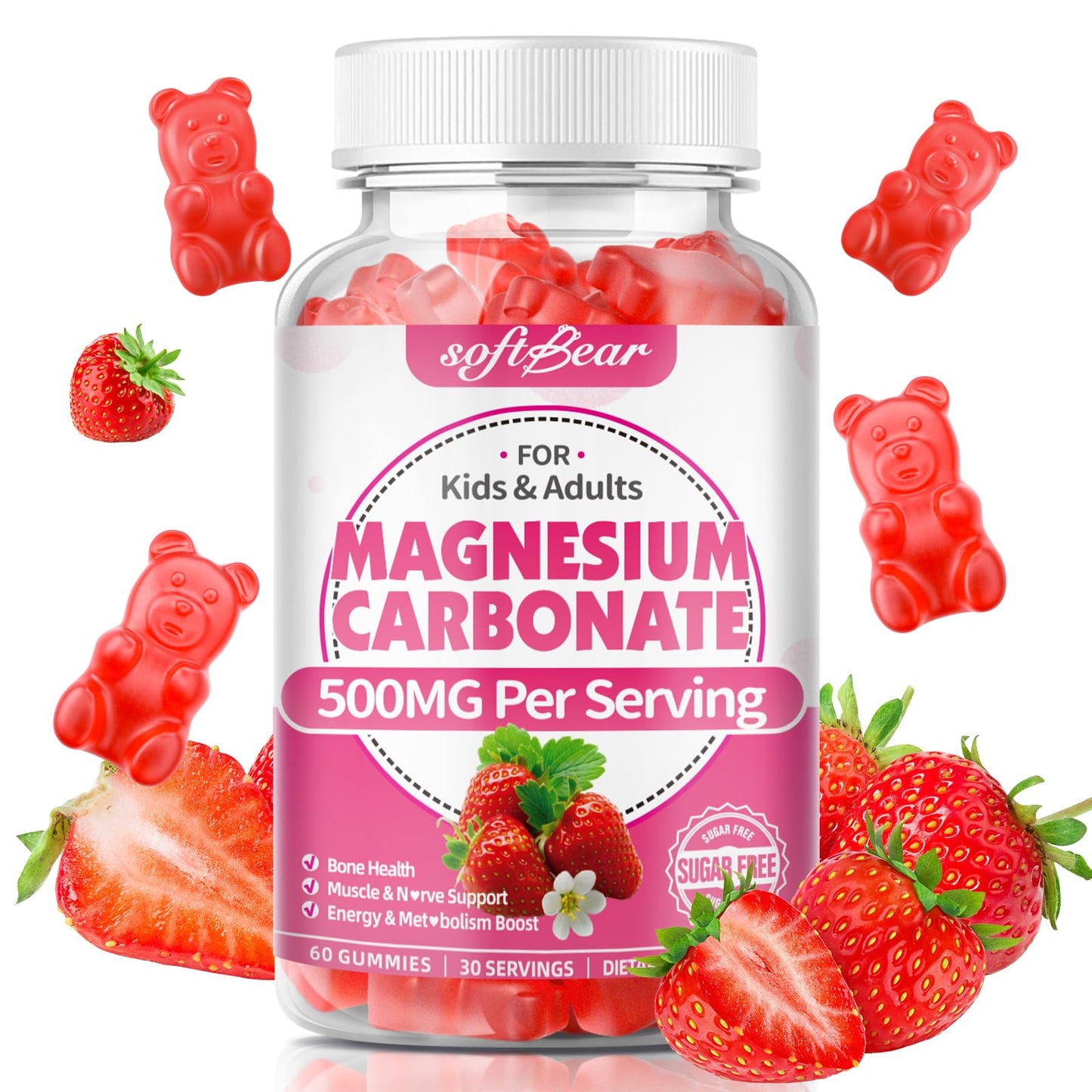 Softbear Magnesium Carbonate Gummies 500mg, Sugar-Free, Strawberry Flavor, 60 Count