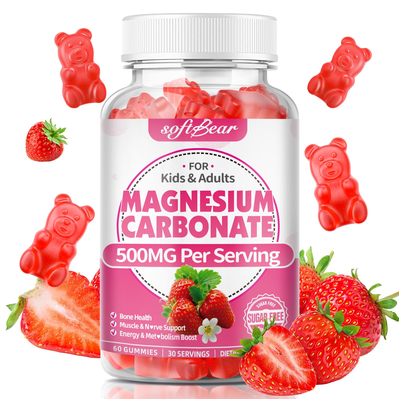 Softbear Magnesium Carbonate Gummies 500mg, Sugar-Free, Strawberry Flavor, 60 Count