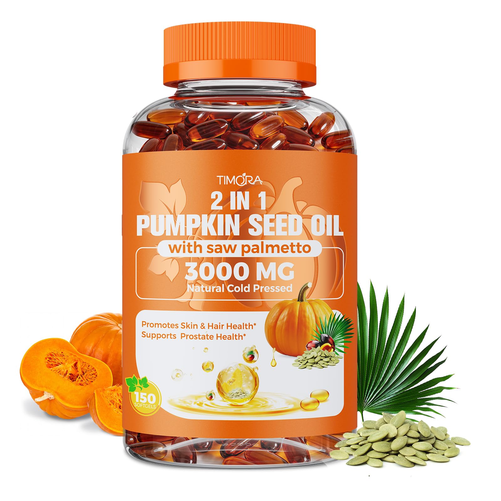 TIMORA Pumpkin Seed Oil with Saw Palmetto Softgels 150 Count