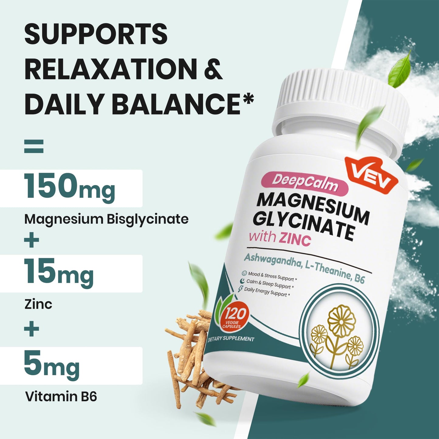 VEV Deep Calm Magnesium Glycinate and Zinc Supplement with Vitamin B6, Ashwagandha & L-Theanine Capsules 120