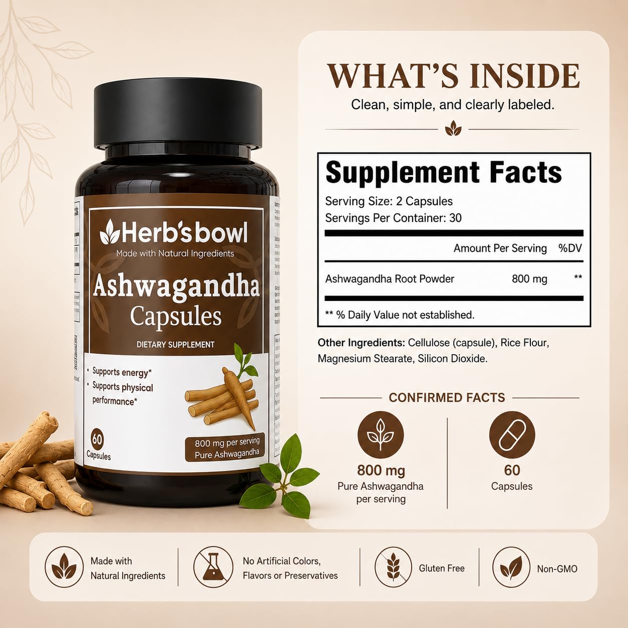 Herb'sbowl Organic Ashwagandha Capsules 800 mg per Serving, 60 Capsules