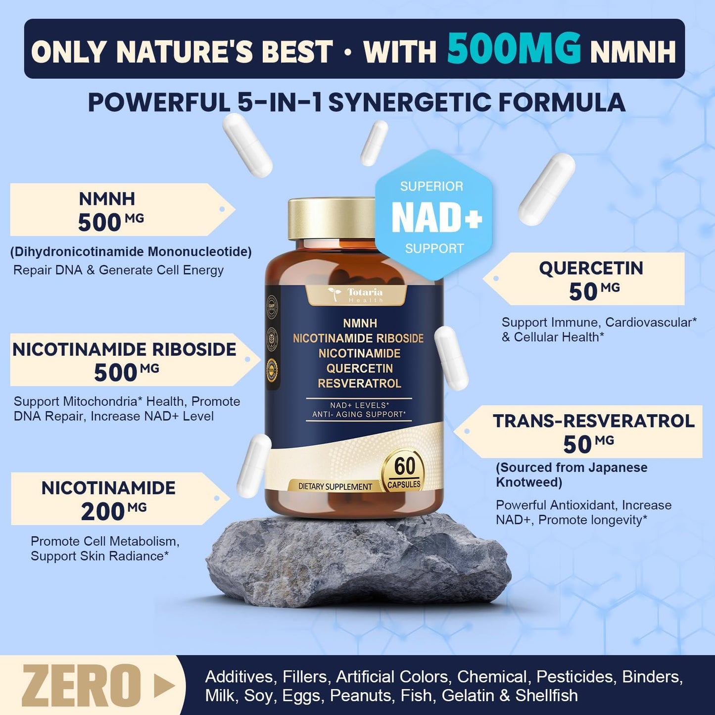 Totaria NMNH NMN Alternative Supplement Ultra Strength, NAD+ Support with Resveratrol & Quercetin, Ultra Absorption for Anti-Aging, Vegan Capsules, 60 Count