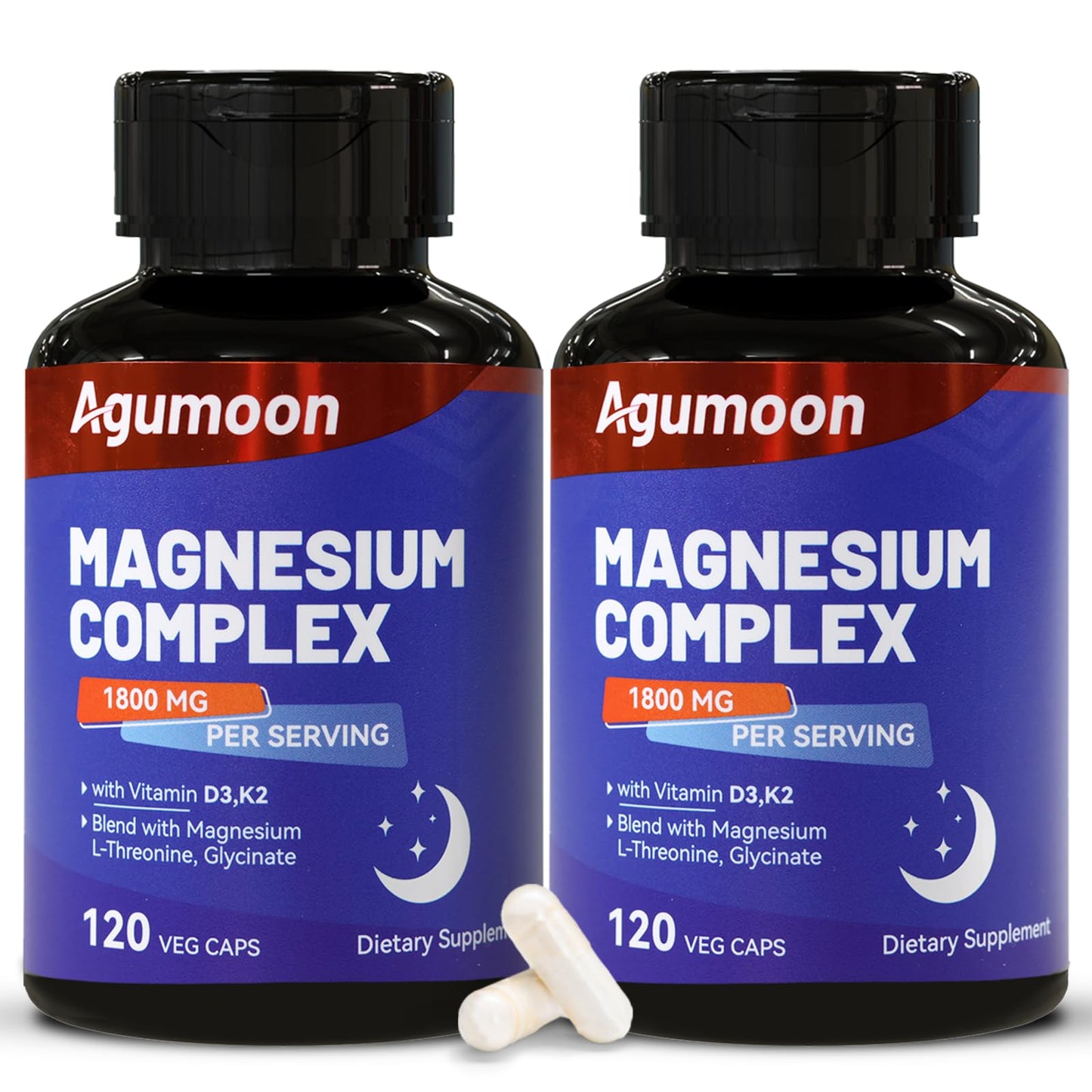 Agumoon Magnesium Supplement with Vitamin D3 & K2, Chelated Magnesium Complex 1800mg, Magnesium L-Threonine & Glycinate, 240 Capsules