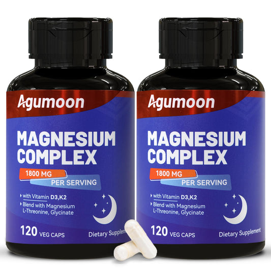 Agumoon Magnesium Supplement with Vitamin D3 & K2, Chelated Magnesium Complex 1800mg, Magnesium L-Threonine & Glycinate, 240 Capsules