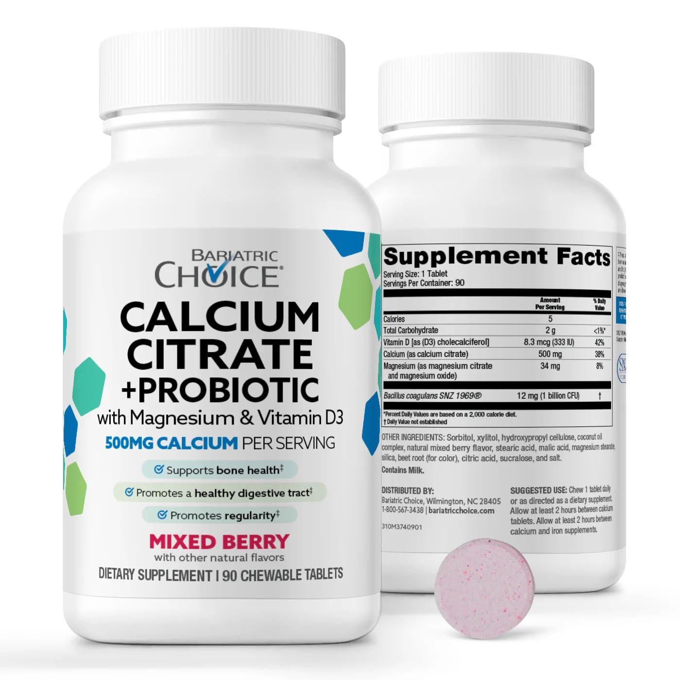 Bariatric Choice Calcium Citrate 500mg with Vitamin D3, Magnesium & Probiotics Tablets, 90 Count