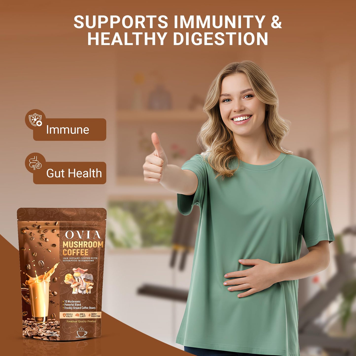OVIA Ten Mushroom Coffee Powder, 6.35 Ounce - Low Caffeine Adaptogenic Instant Coffee with Lion’s Mane & Chaga
