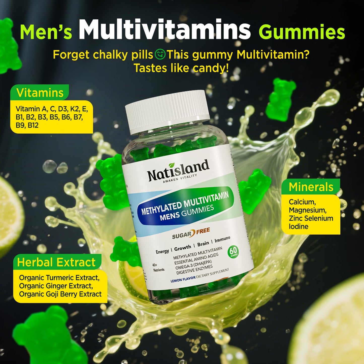 NATISLAND Methylated Multivitamin for Men Gummies 60 Count