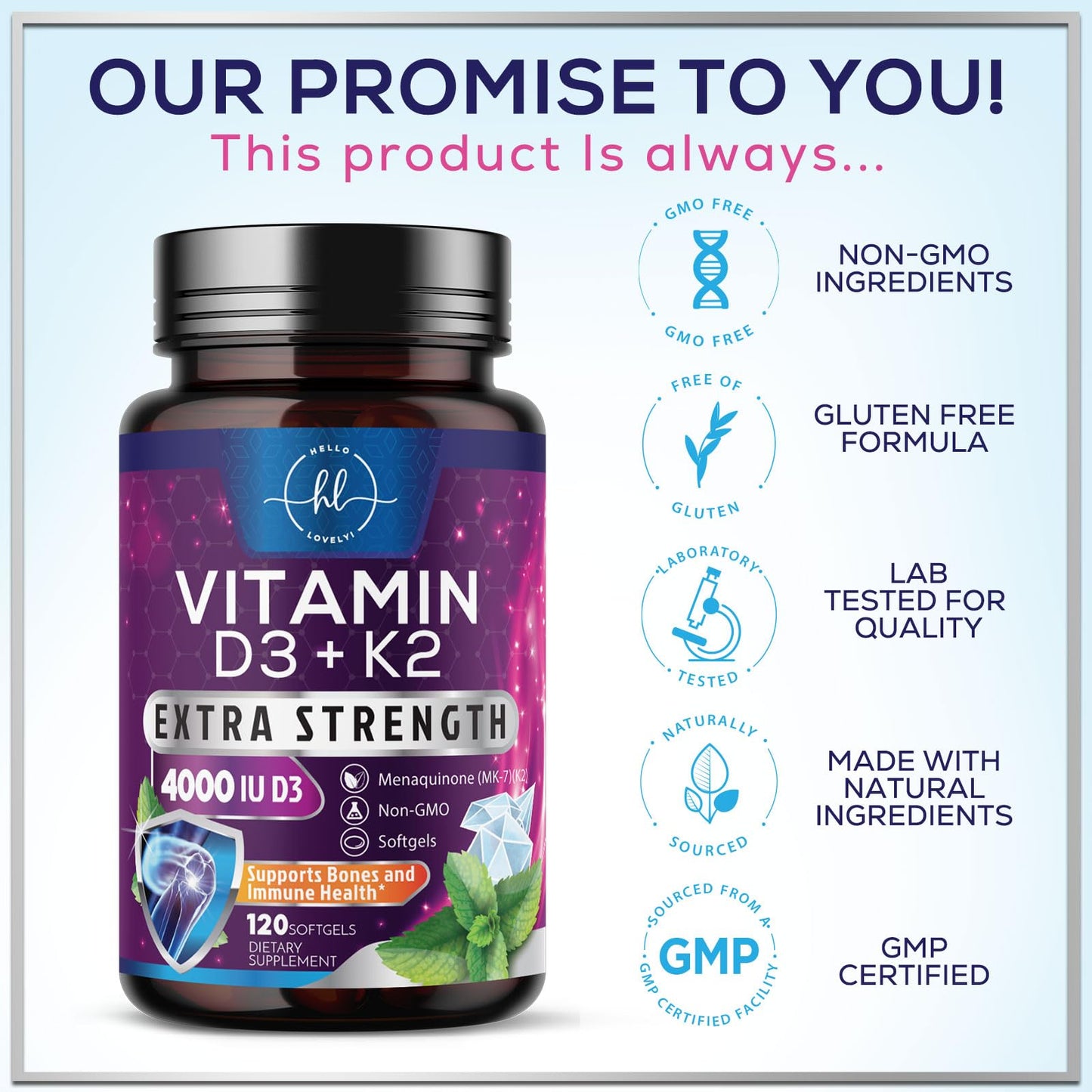 Hello Lovely! Vitamin D with K2 (MK-7) D3 4000IU (125mcg) Per Serving Softgels 120