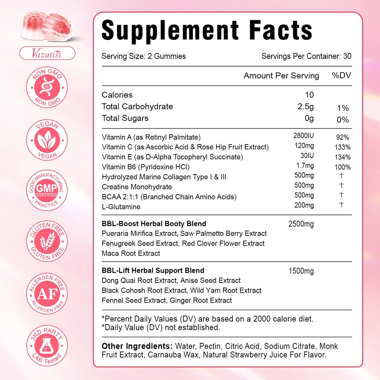 Vazatisi BBL Booty Gummies for Women – Sculpt, Lift & Firm Glutes – Creatine Monohydrate, Vitamins & Herbal BBL Blend - Boost Curves, Energy & Workout Recovery – Vegan, Non-GMO, 60 Gummies
