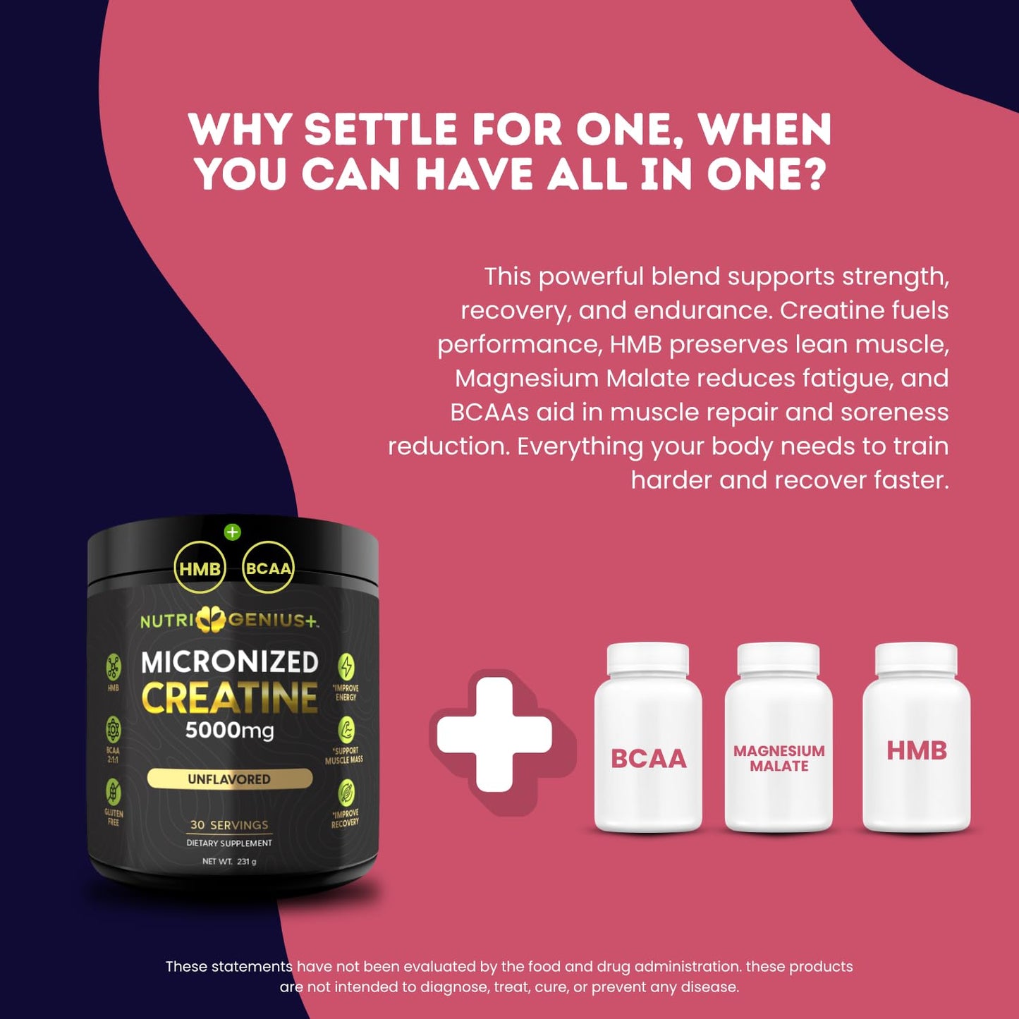 Nutrigenius + Creatine Powder Micronized with BCAAs + HMB, Magnesium Malate for Muscle Growth, Strength & Recovery, 9.94 Ounce