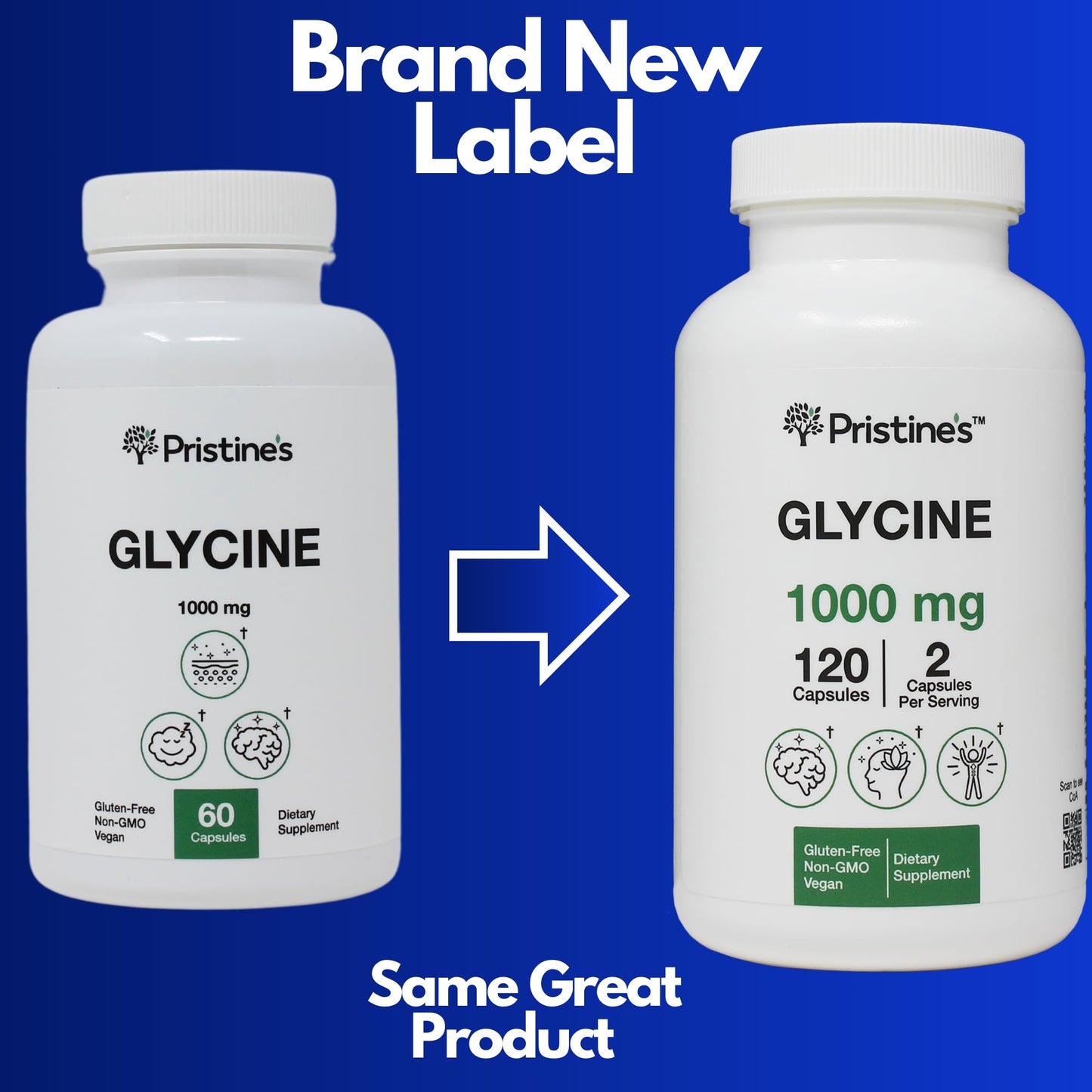 PRISTINE'S Glycine 1000mg Amino Acid Capsules, Sleep Support, Vegan, 120 Count