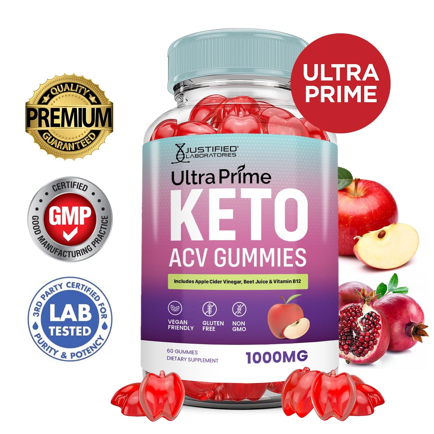 Justified Laboratories Ultra Prime Keto ACV Gummies Advanced Formula 1000MG Apple Cider Vinegar, Pomegranate Beet Juice Powder, B12, Vegan, Non-GMO, 180 Gummies