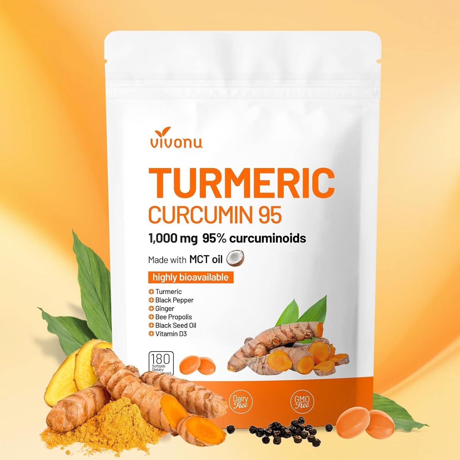 VivoNu 10-in-1 Turmeric Supplement Softgels 180 Count