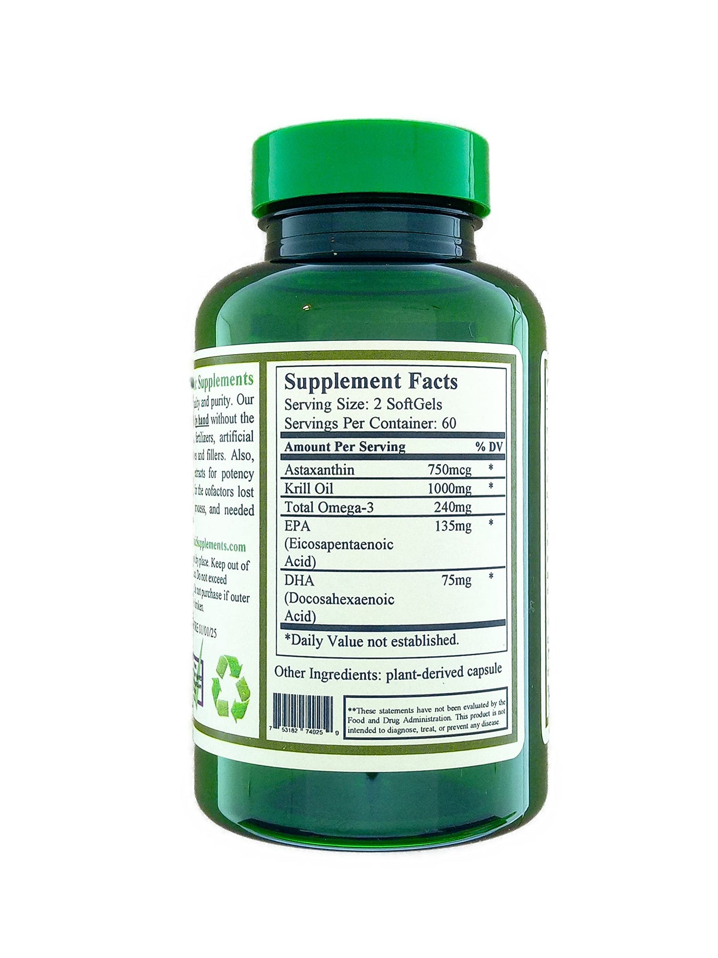 Green Organic Supplements Krill Oil + Astaxanthin Softgels, 60 Softgels