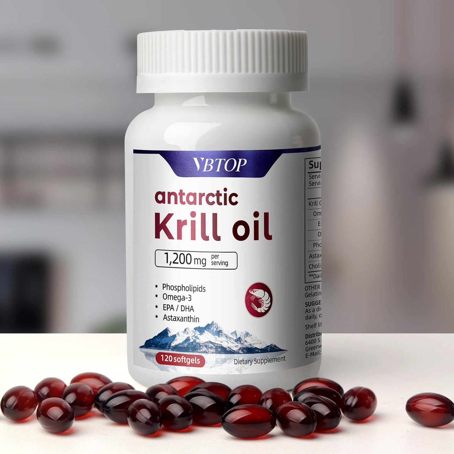 VBTOP Antarctic Krill Oil 1200mg, Omega-3 EPA DHA, Astaxanthin Softgel, 120