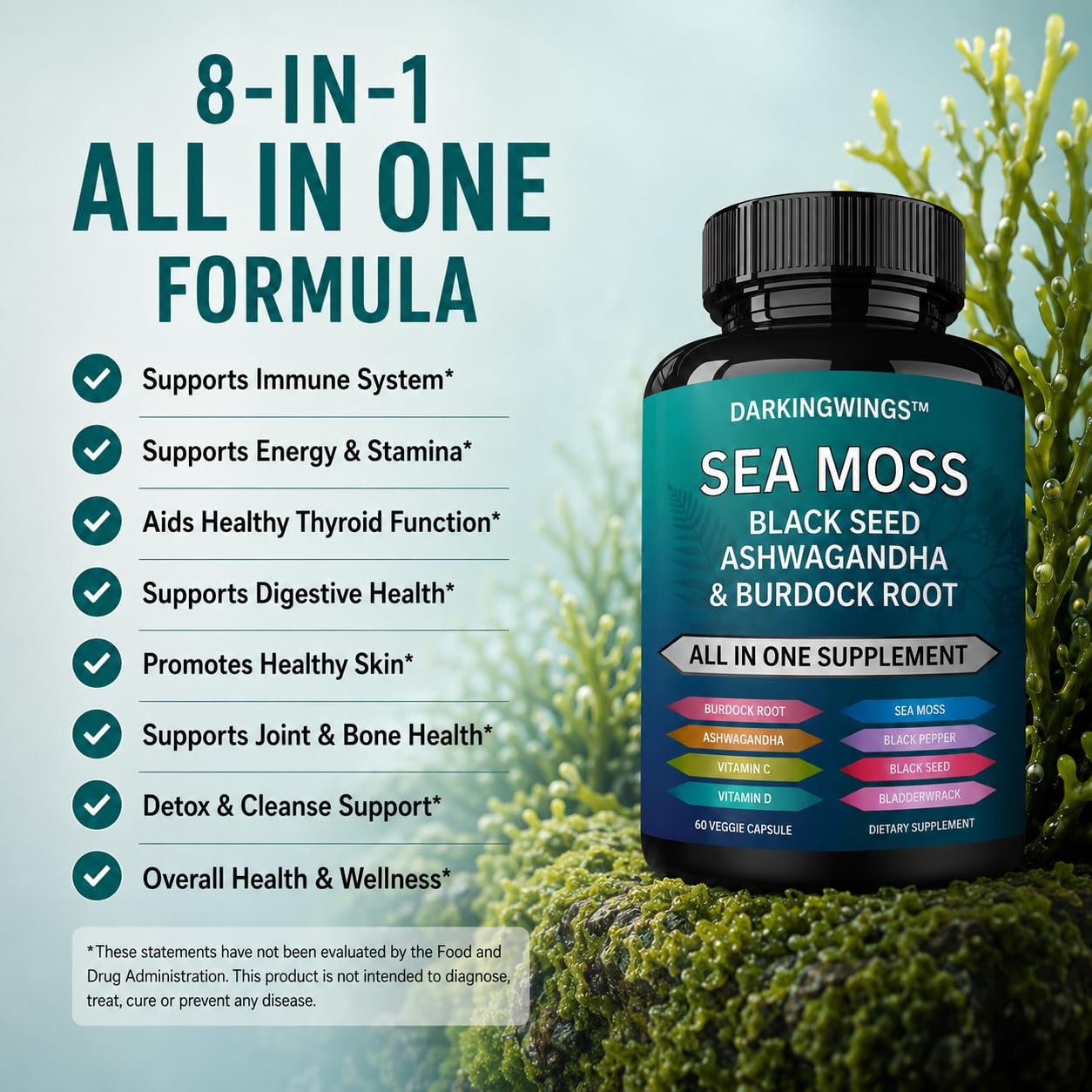 Darkingwings Organic Sea Moss Black Seed Oil Capsules 60 Count