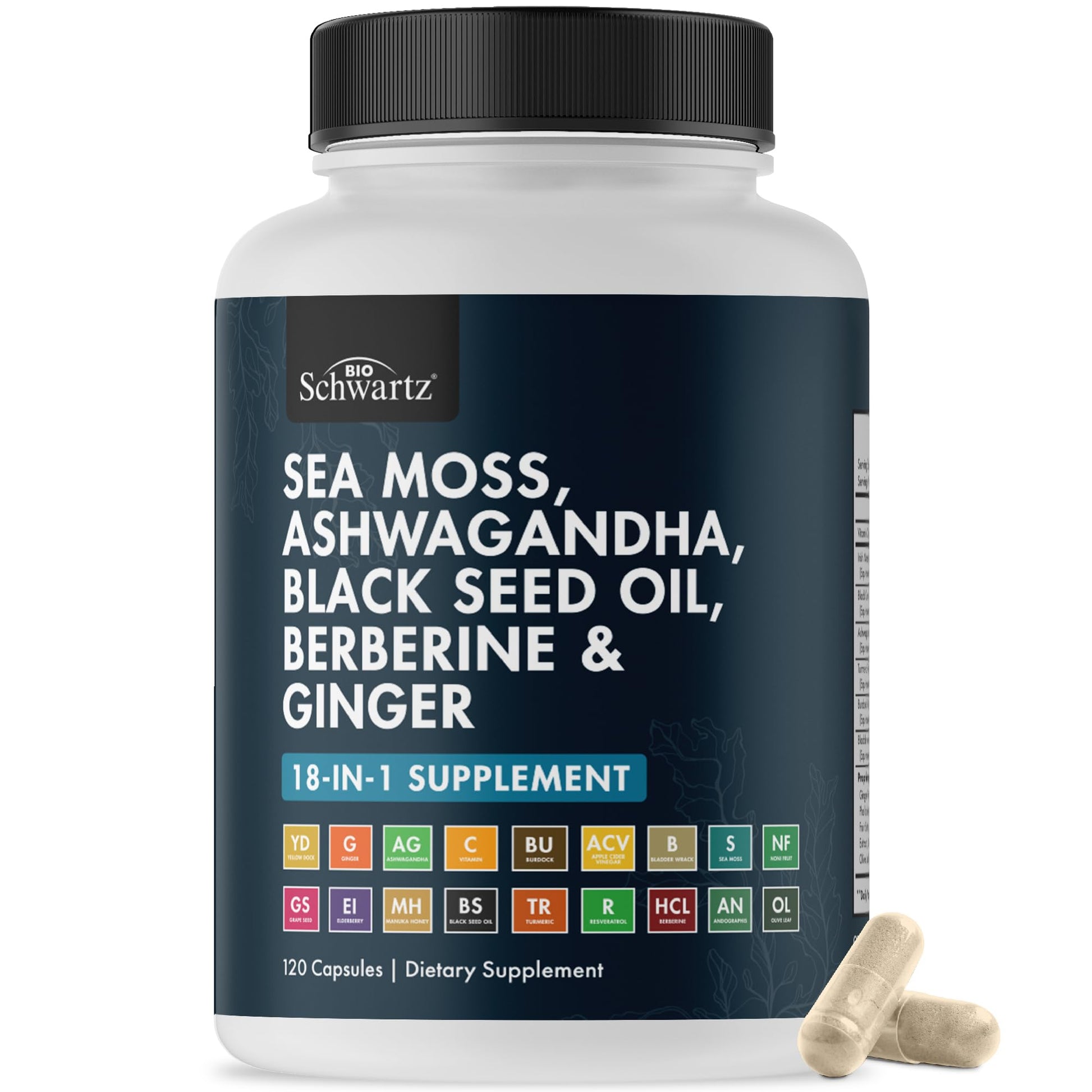 BioSchwartz Sea Moss Black Seed Oil Ashwagandha Ginger Supplement with Turmeric Berberine HCI Burdock Bladderwrack Resveratrol Elderberry Manuka Honey Apple Cider Vinegar ACV Capsules 120