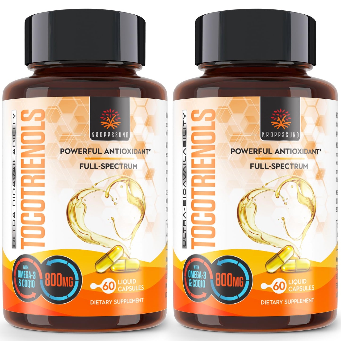 Kroppssund Tocotrienols 800mg Vitamin E Tocotrienols with CoQ10 & Omega 3, 6, 9, Cellular Energy Softgels, 120 Count