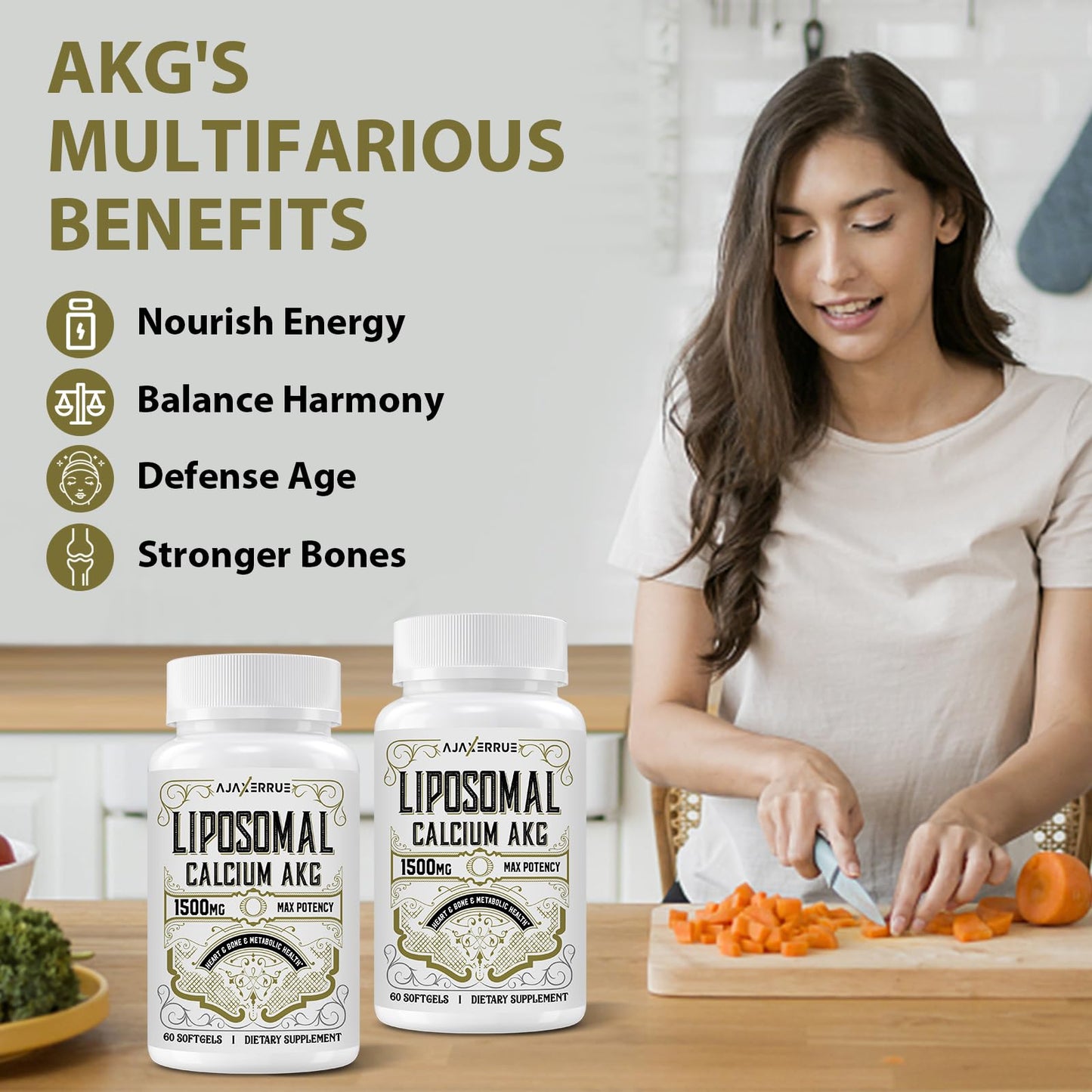 AJAXERRUE Liposomal Calcium AKG Supplement 1500 mg (Alpha-Ketoglutaric Acid) Softgels 60