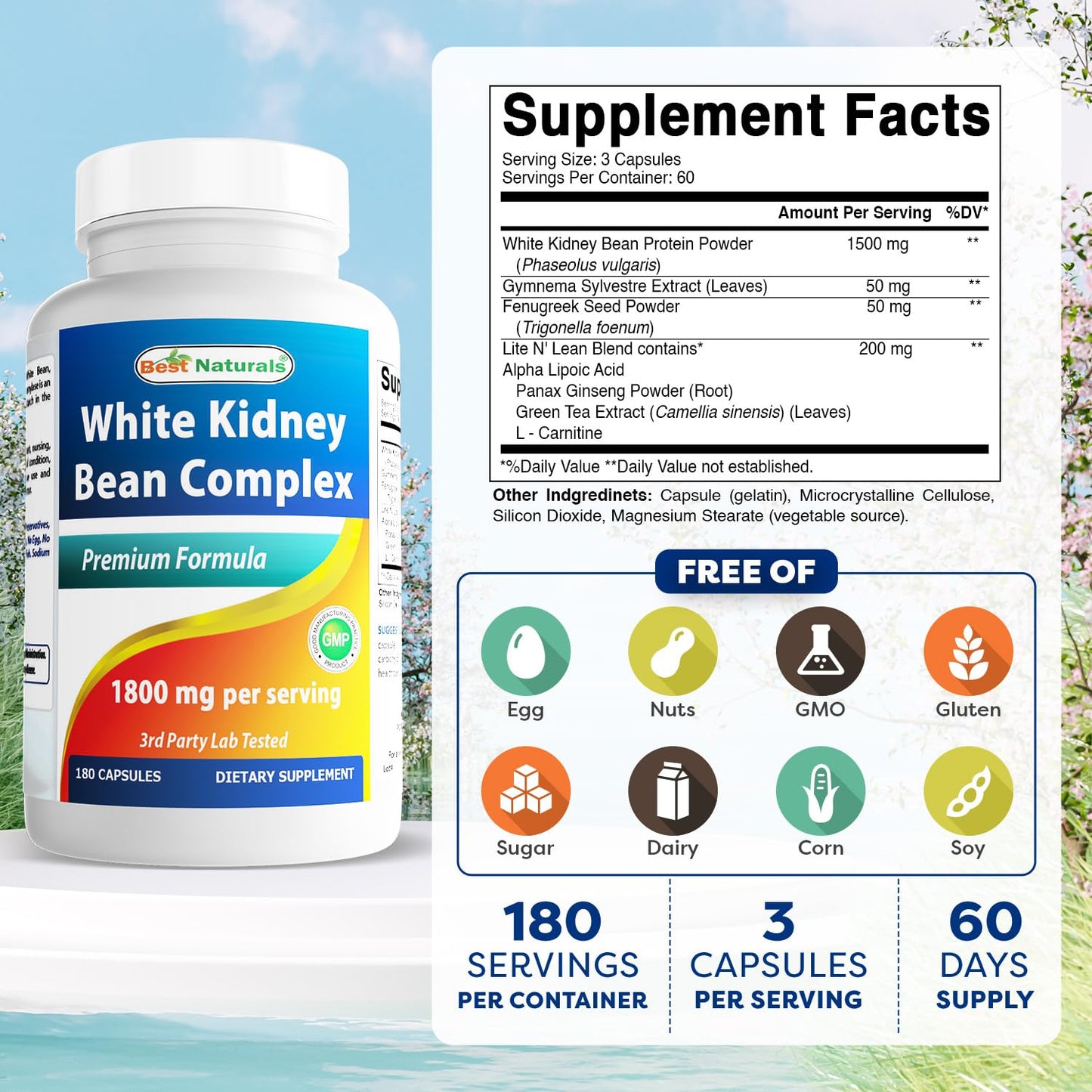 Best Naturals White Kidney Bean Complex 1800 mg Per Serving Capsule, 180 Count