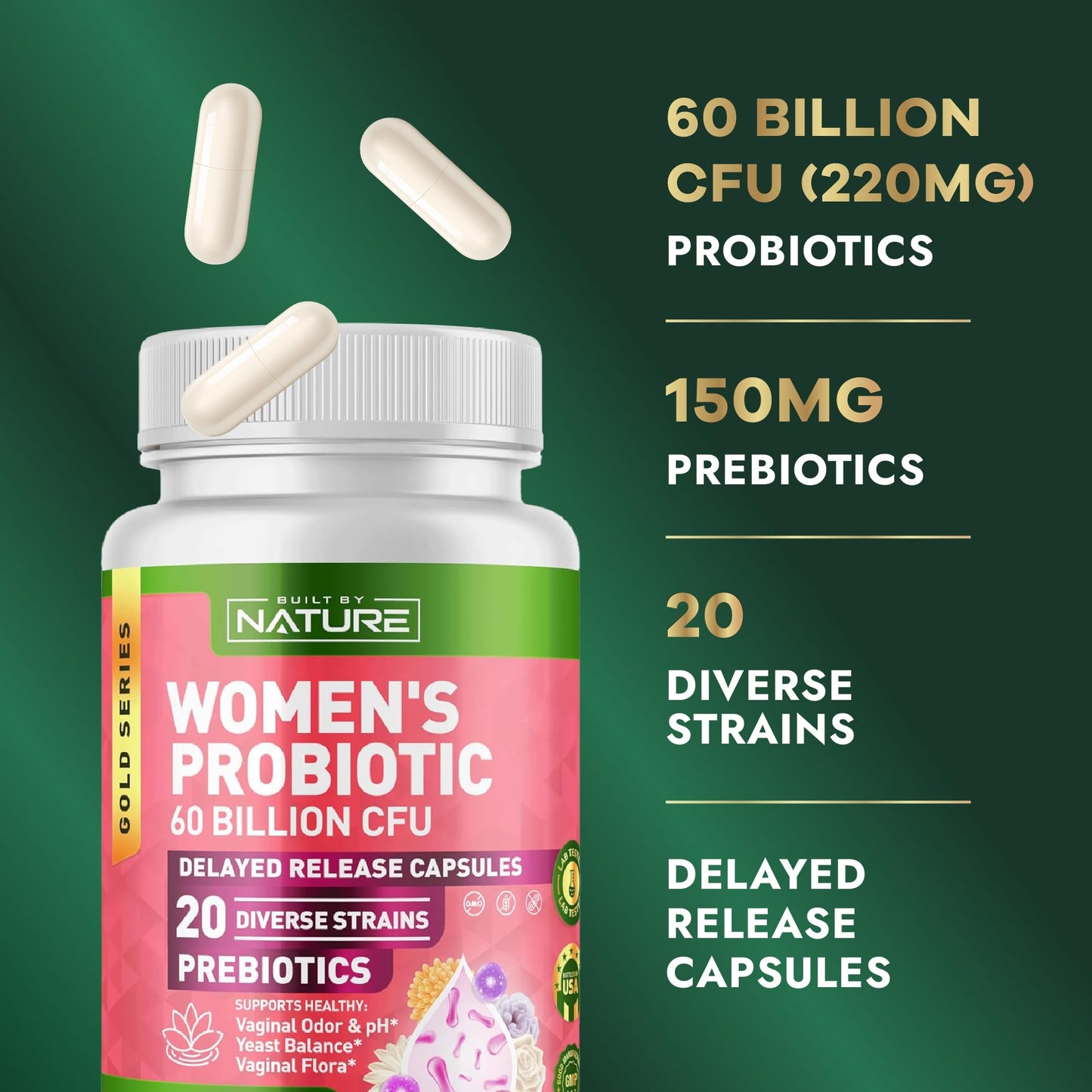 Built by Nature Probiotic for Women 60 Billion CFU Capsules, 90 Count